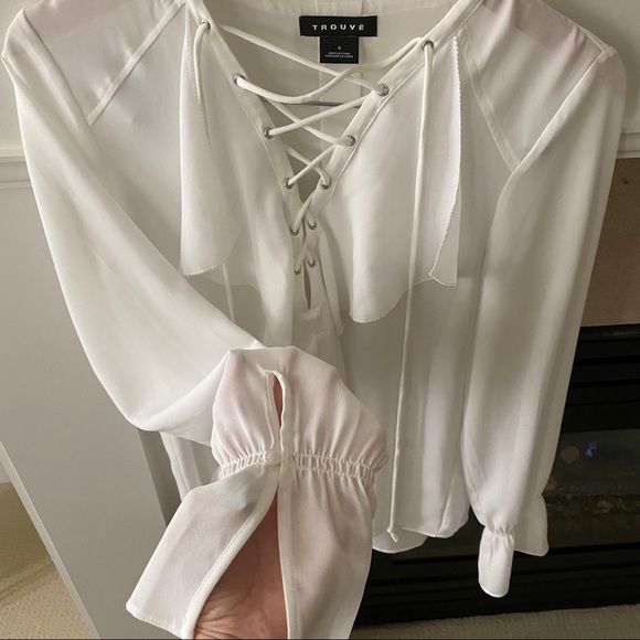 TROUVE White Lace Up Chiffon Long sleeve Blouse - Picture 7 of 12